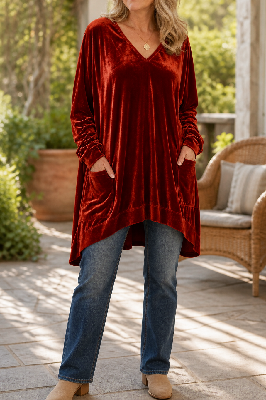 Janet | V-Neck Velvet Tunic Top with Pockets