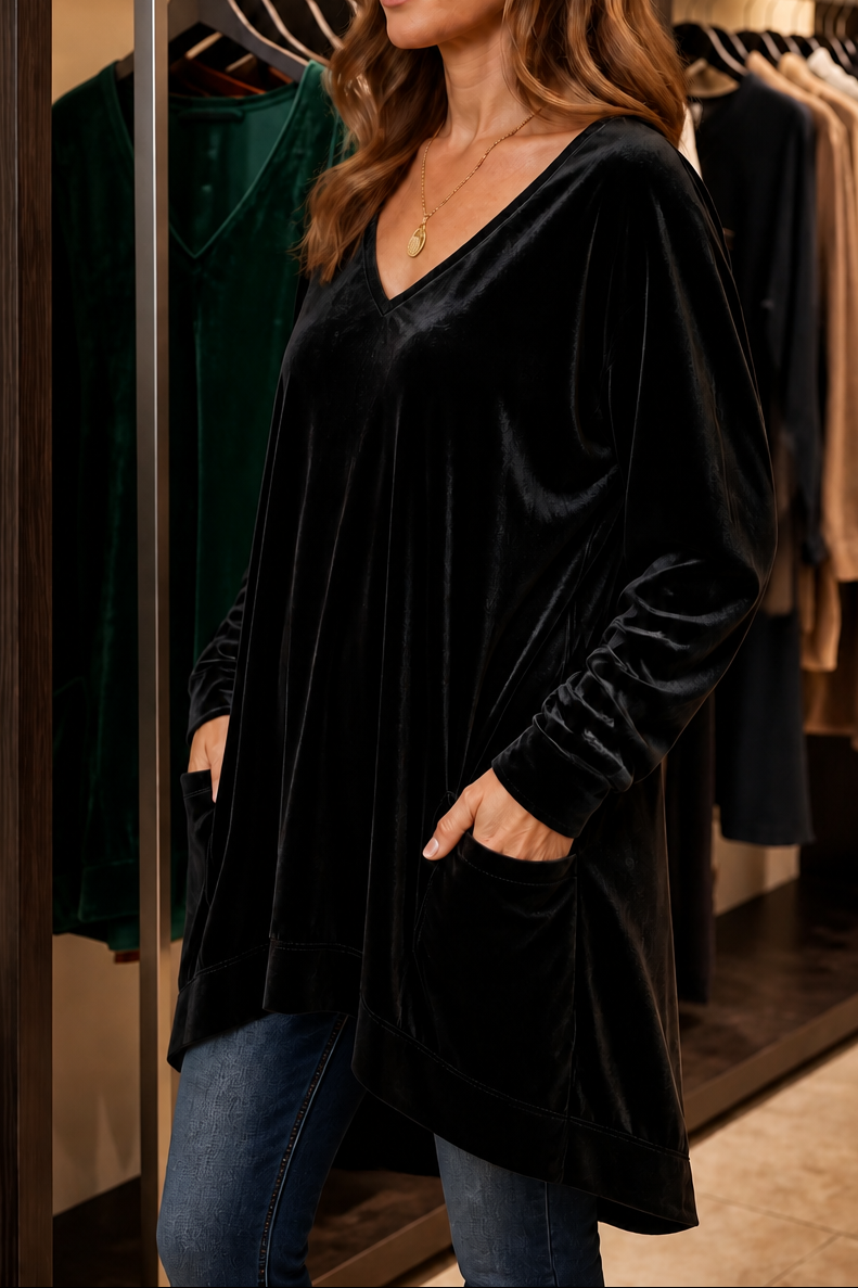Janet | V-Neck Velvet Tunic Top with Pockets