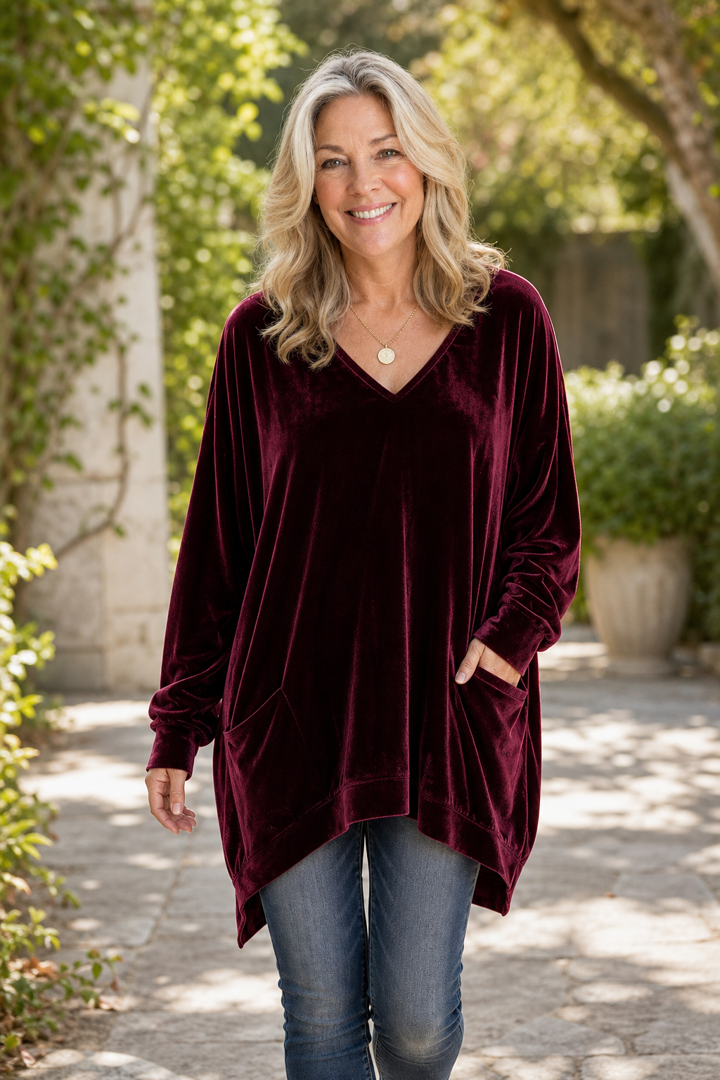 Janet | V-Neck Velvet Tunic Top with Pockets