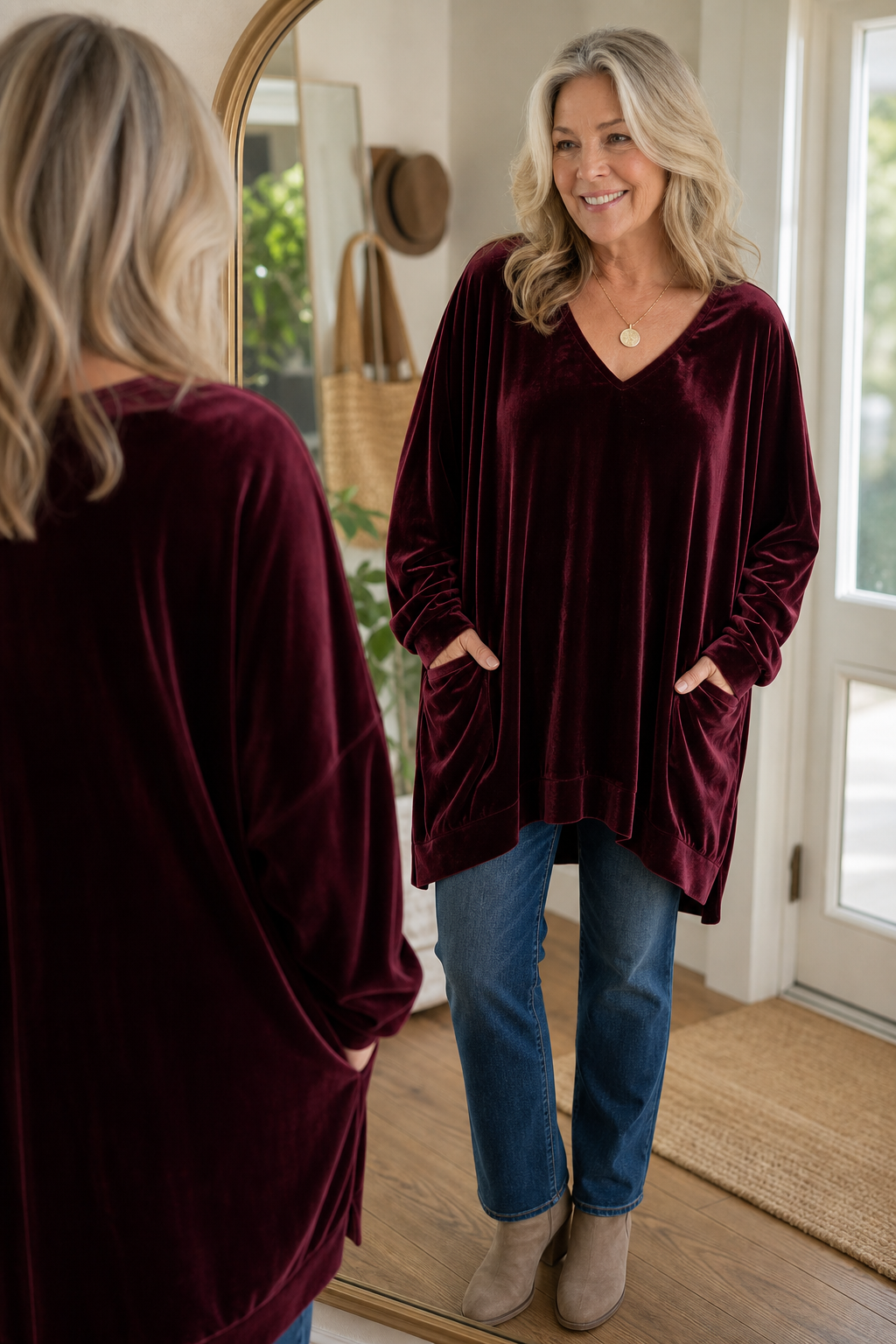 Janet | V-Neck Velvet Tunic Top with Pockets