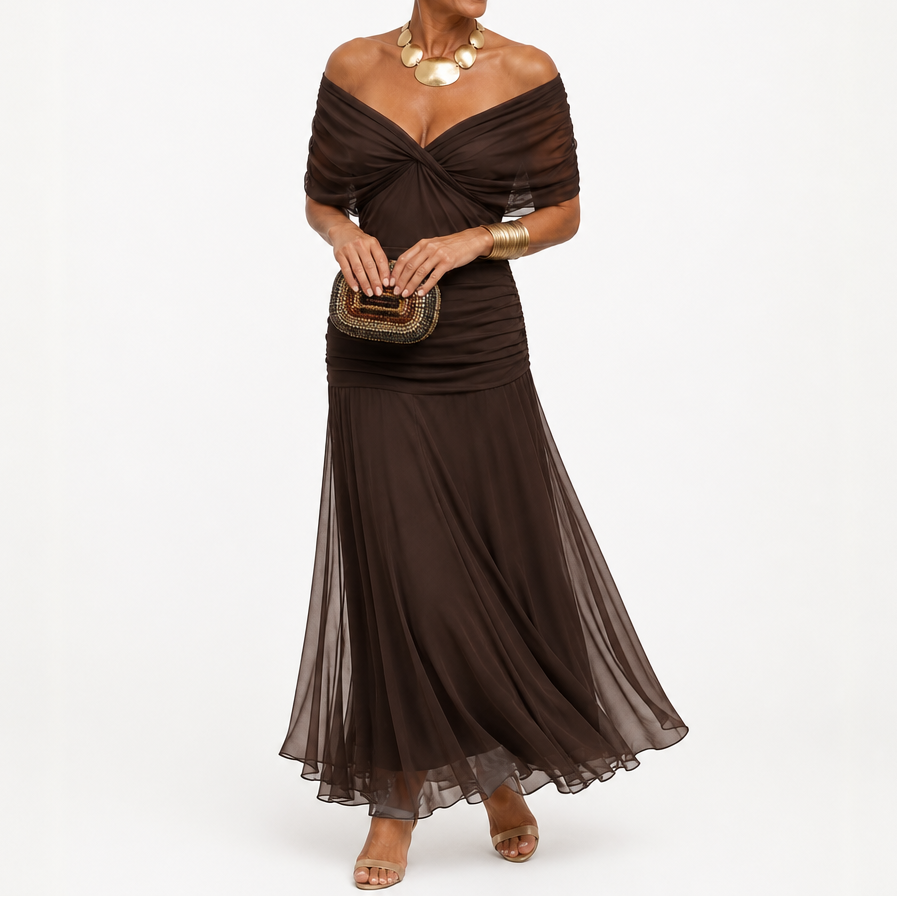 Jasmine | Off-the-Shoulder Draped Chiffon Maxi Dress