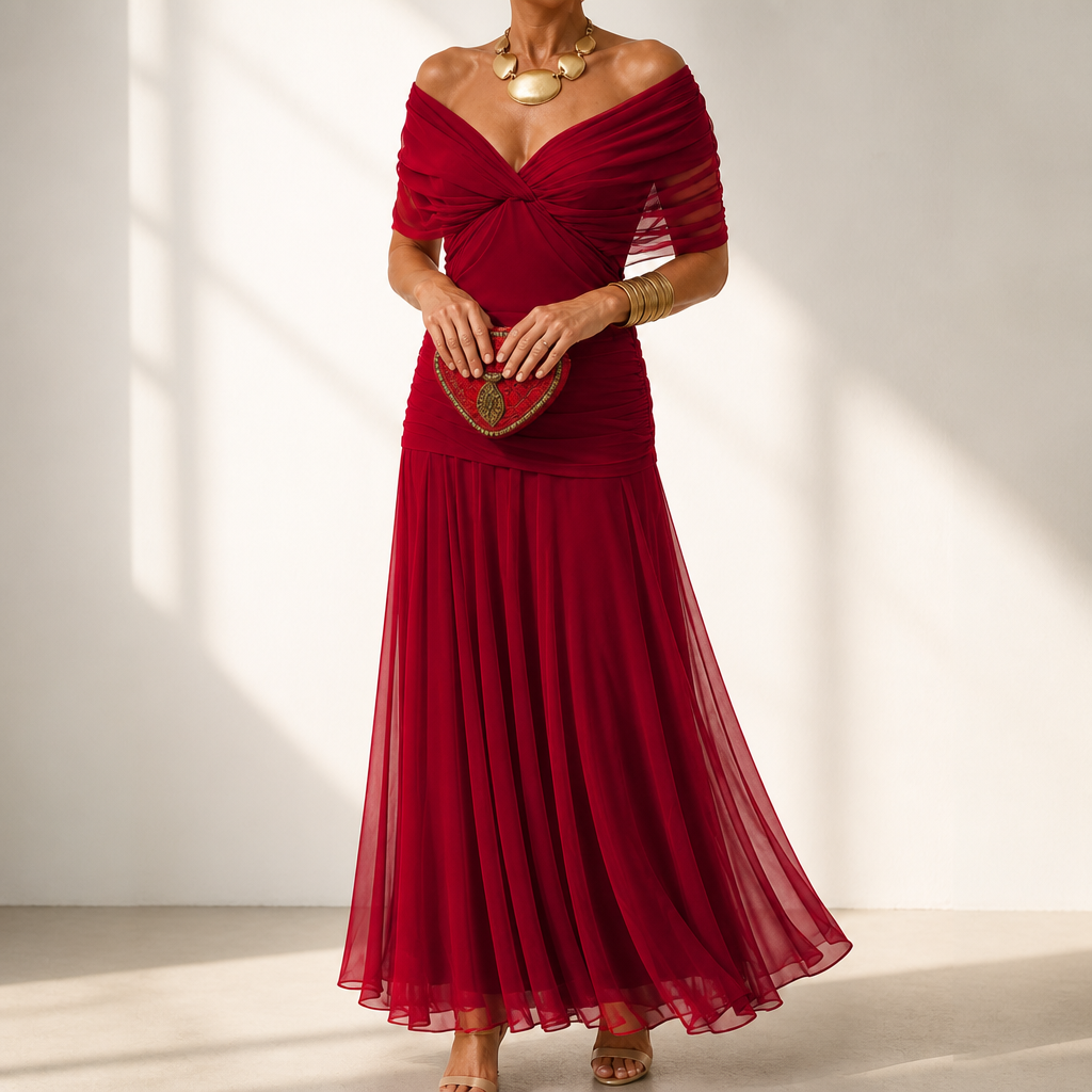 Jasmine | Off-the-Shoulder Draped Chiffon Maxi Dress