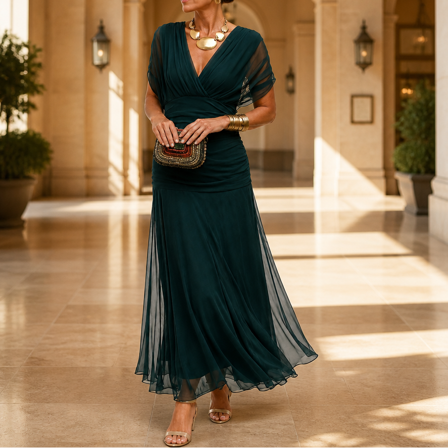 Jasmine | Off-the-Shoulder Draped Chiffon Maxi Dress