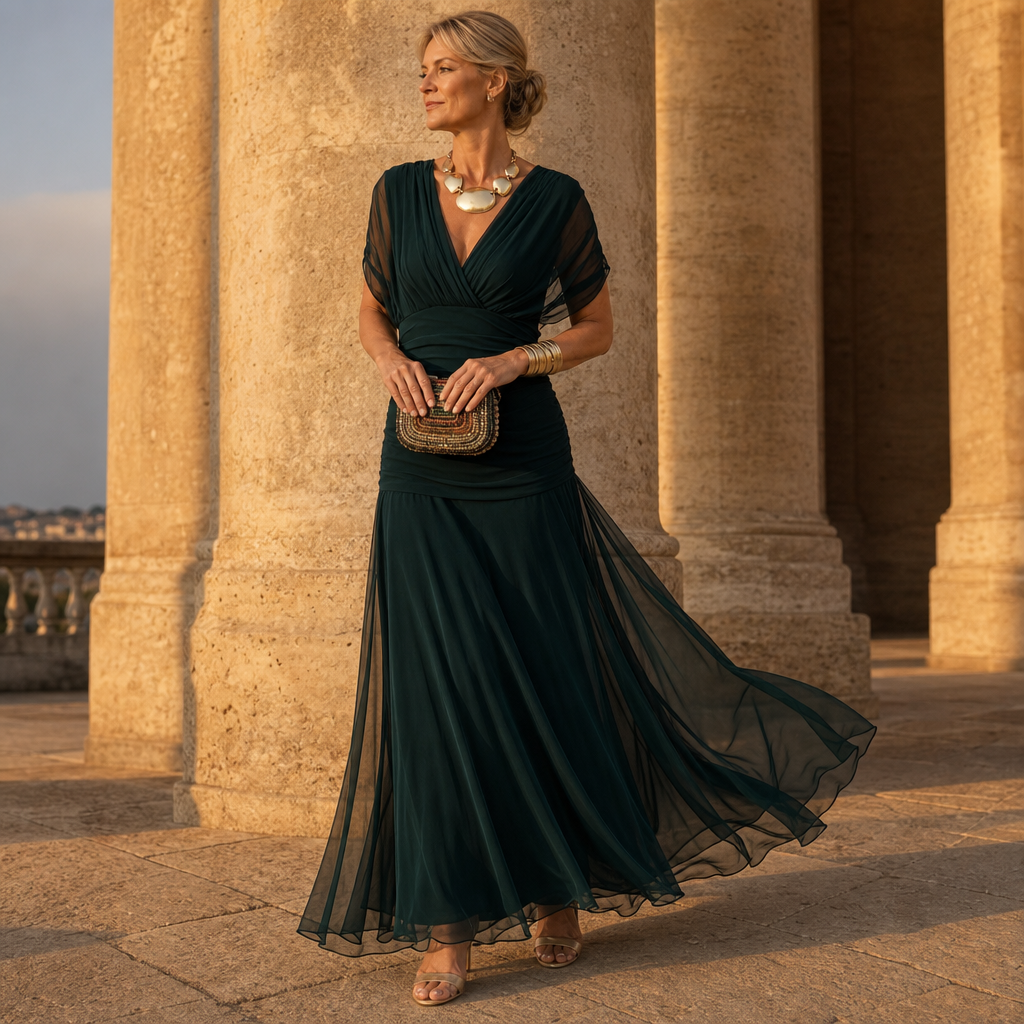 Jasmine | Off-the-Shoulder Draped Chiffon Maxi Dress