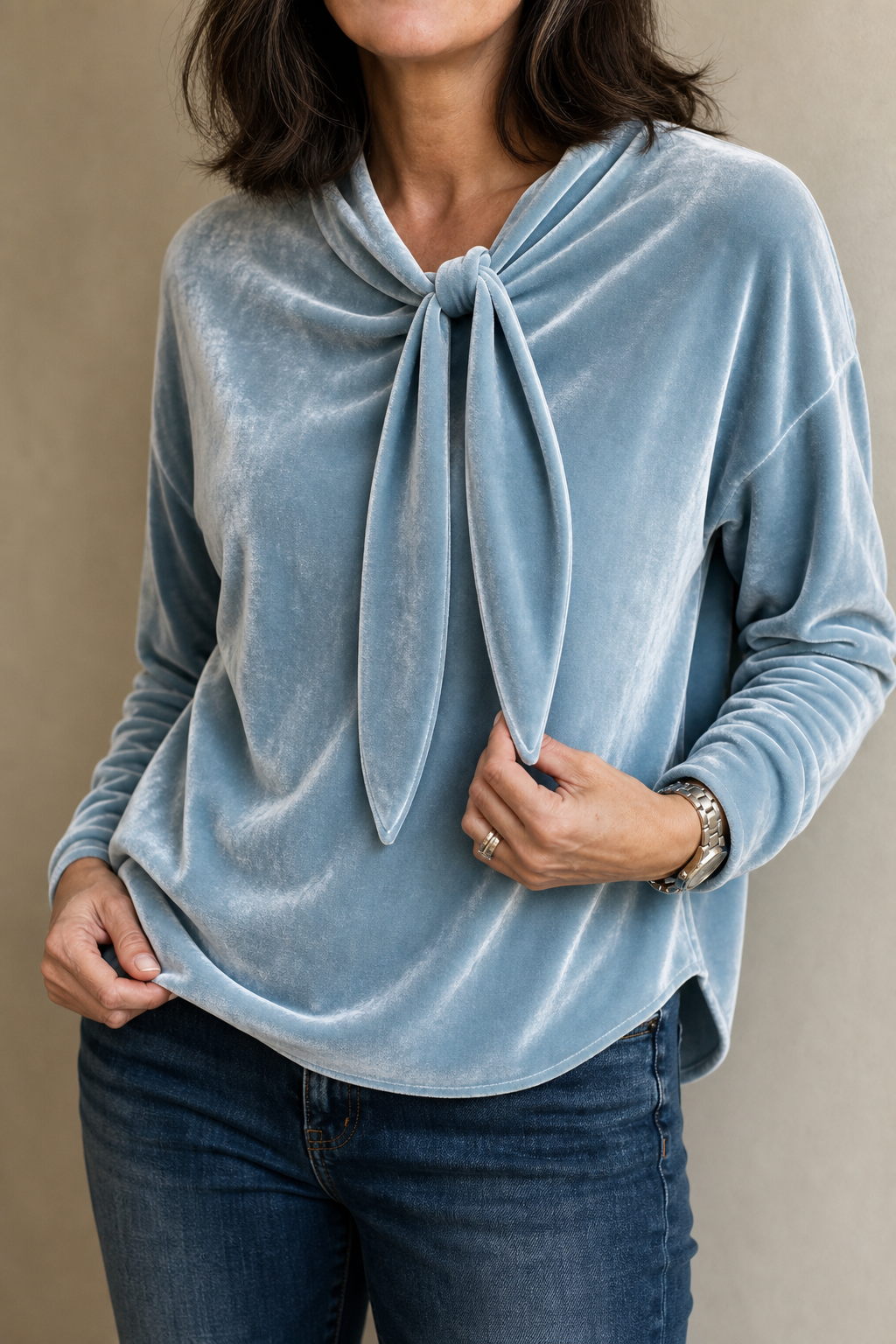 Jean | Stretch Velvet Tie-Neck Blouse
