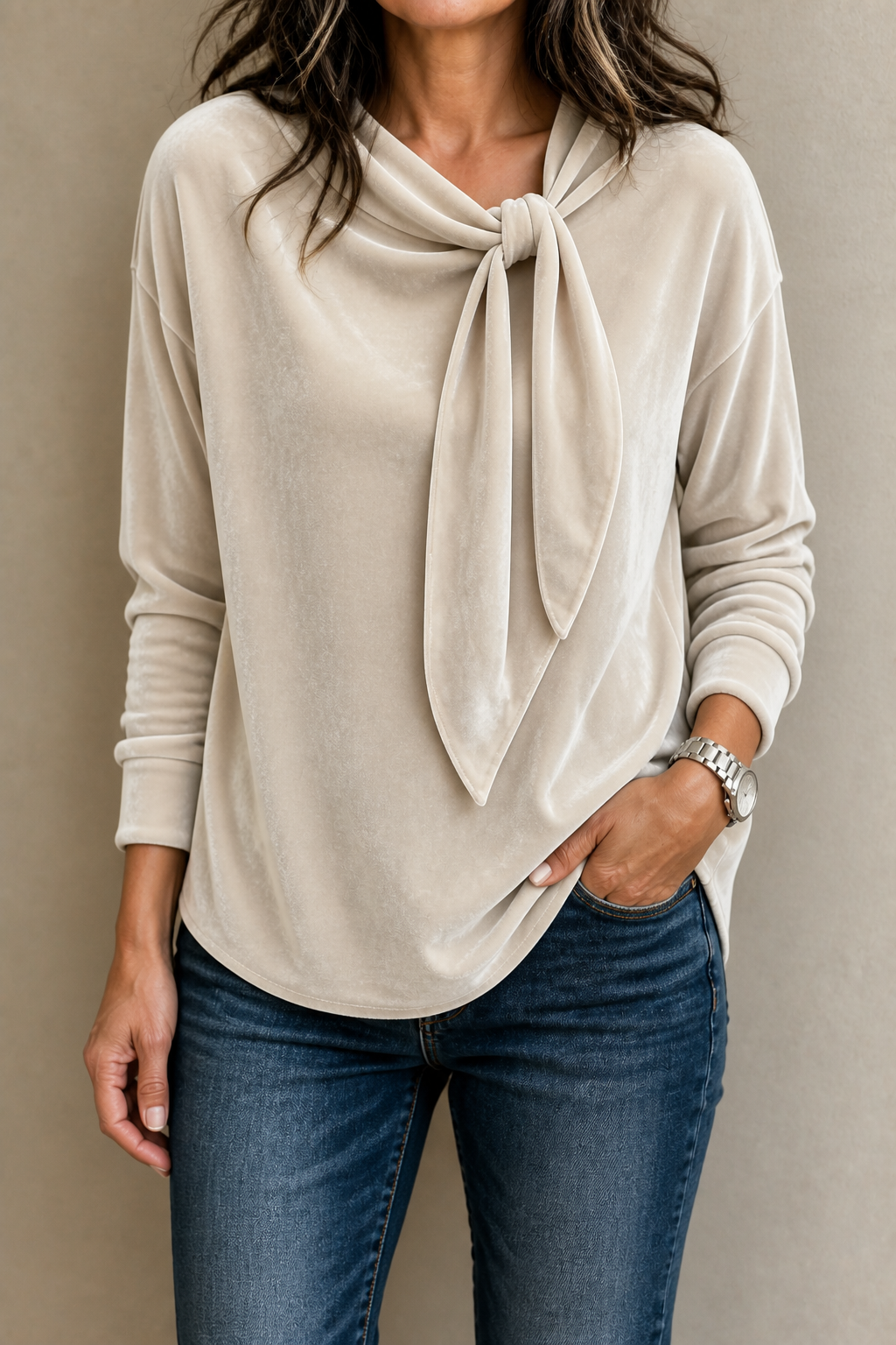 Jean | Stretch Velvet Tie-Neck Blouse