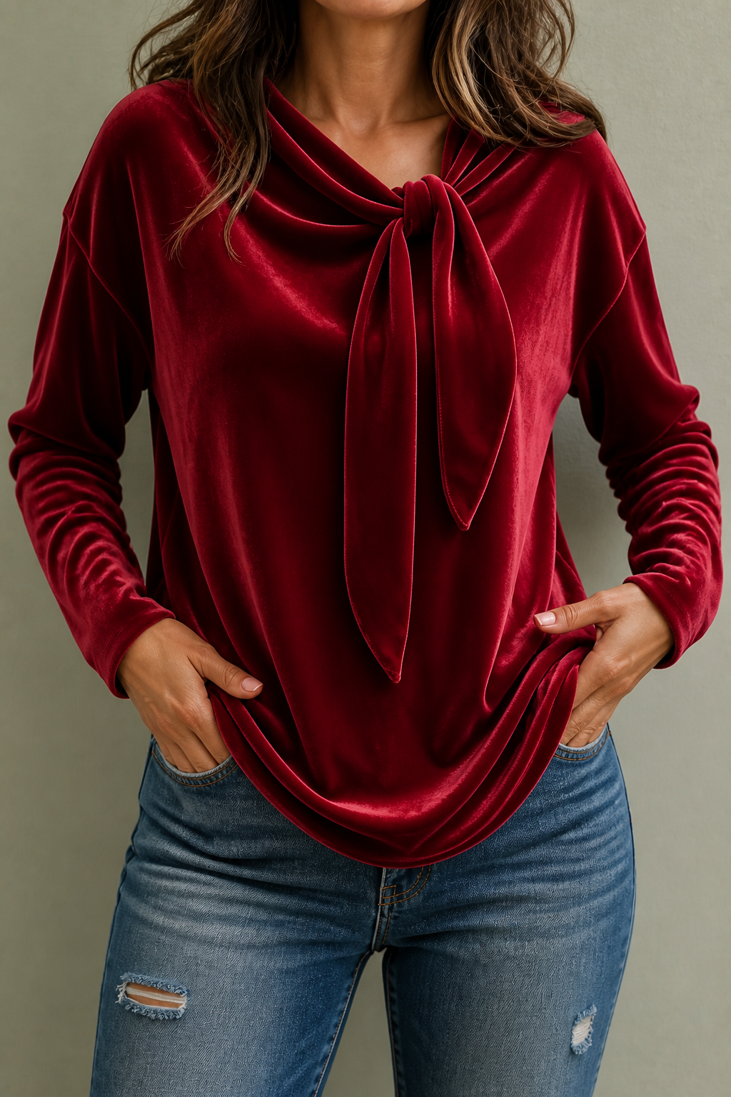 Jean | Stretch Velvet Tie-Neck Blouse