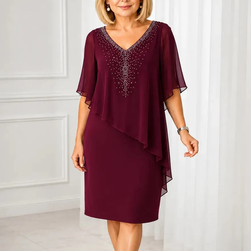 Joanna | Rhinestone V-Neck Cape Midi Dress