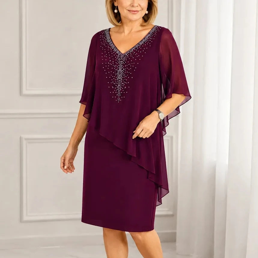 Joanna | Rhinestone V-Neck Cape Midi Dress