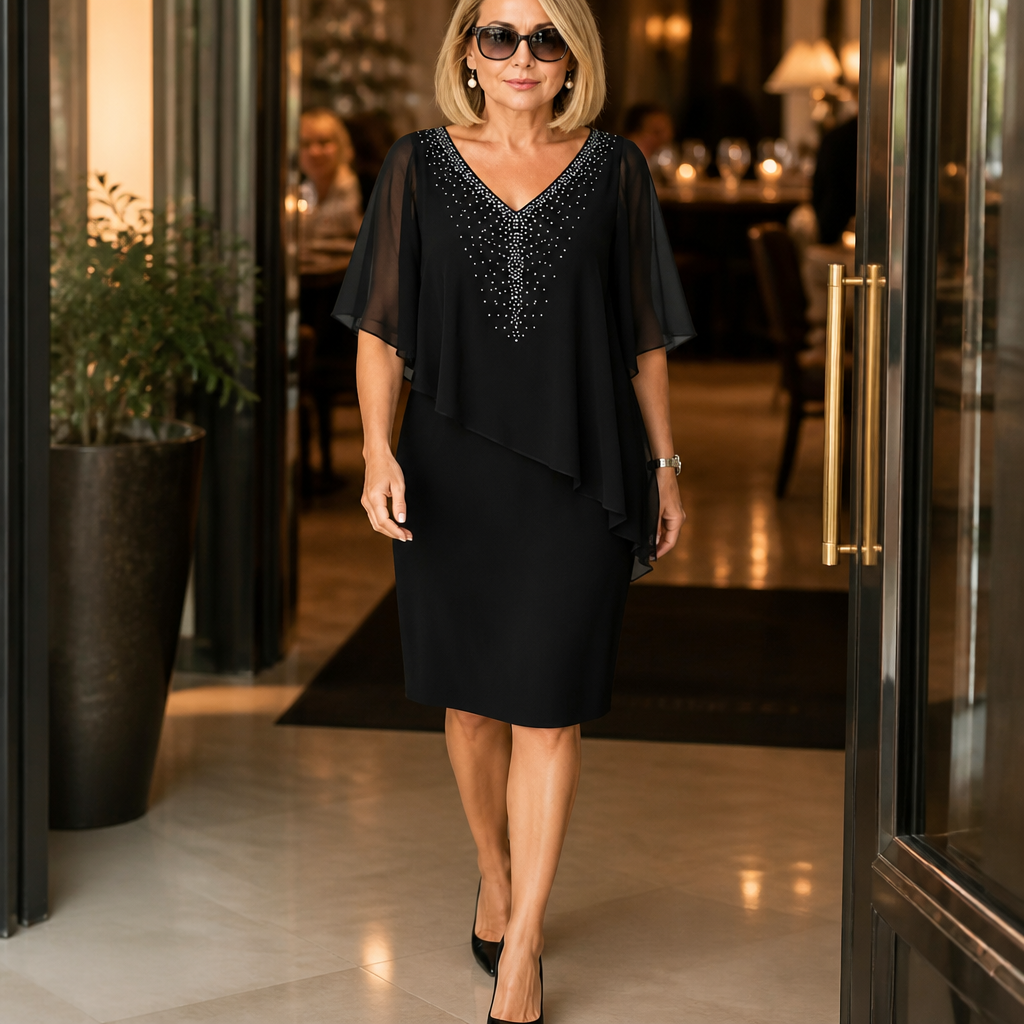 Joanna | Rhinestone V-Neck Cape Midi Dress