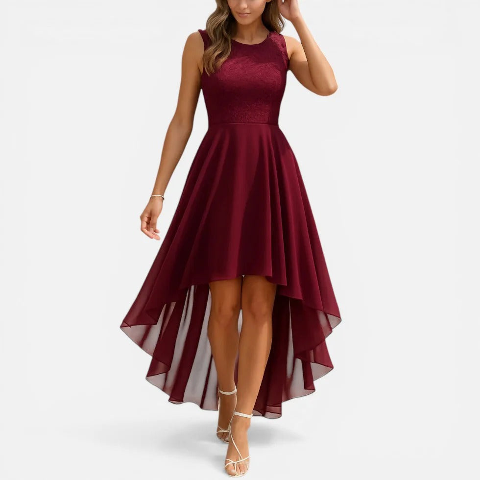 Lettie | Sleeveless Lace Bodice High-Low Midi Dress