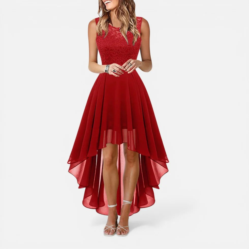 Lettie | Sleeveless Lace Bodice High-Low Midi Dress