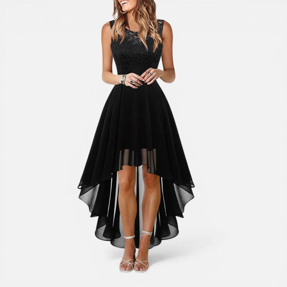 Lettie | Sleeveless Lace Bodice High-Low Midi Dress