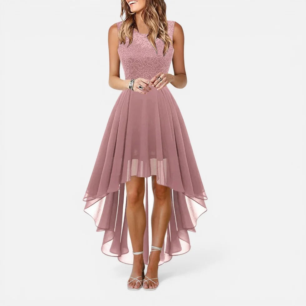 Lettie | Sleeveless Lace Bodice High-Low Midi Dress