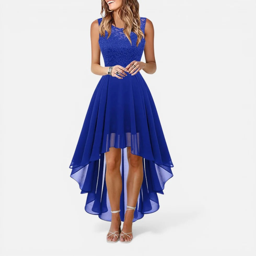 Lettie | Sleeveless Lace Bodice High-Low Midi Dress