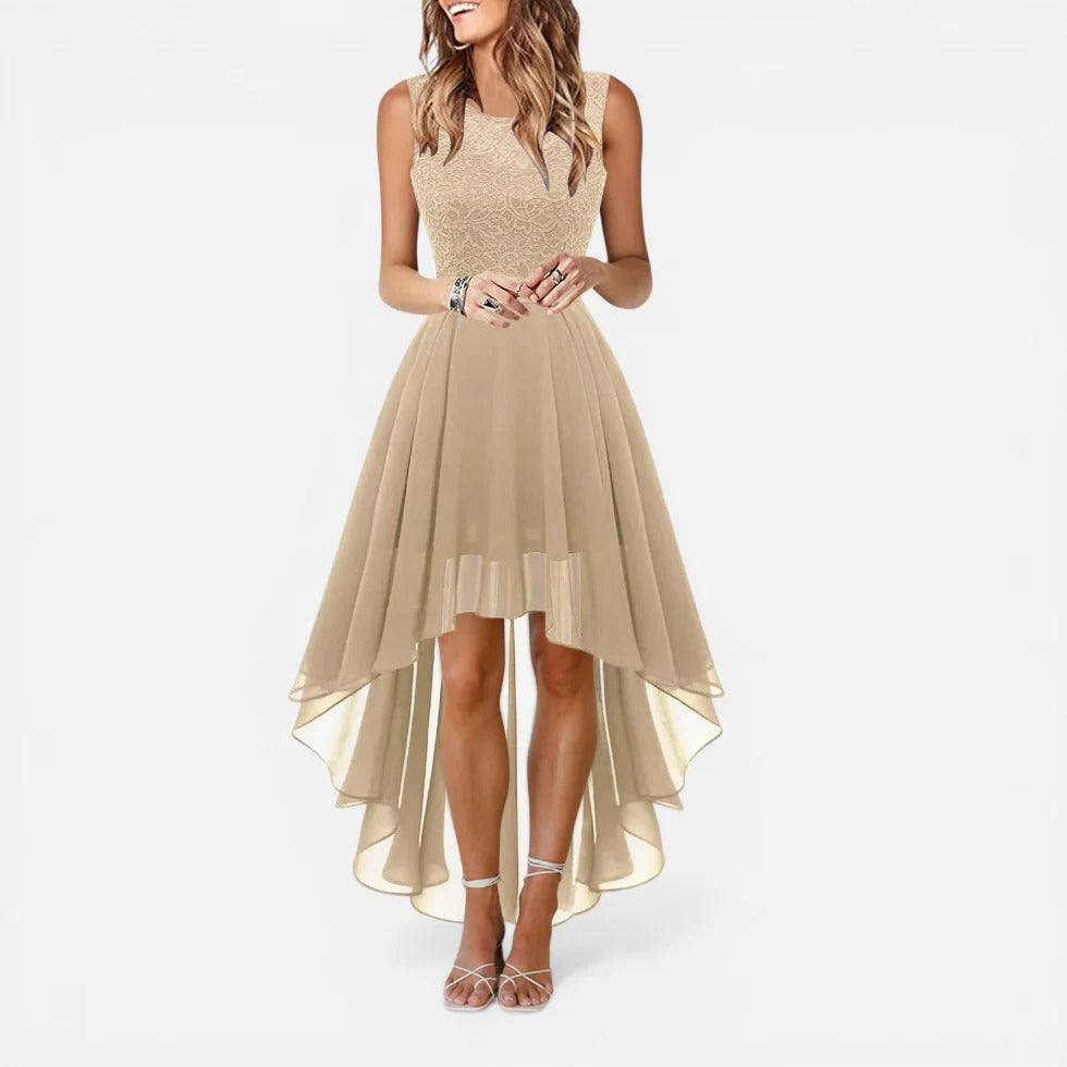 Lettie | Sleeveless Lace Bodice High-Low Midi Dress