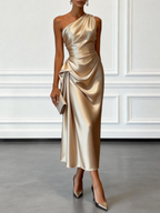 Lillie | One-Shoulder Satin Ruffled Midi Dress