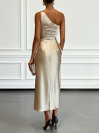 Lillie | One-Shoulder Satin Ruffled Midi Dress