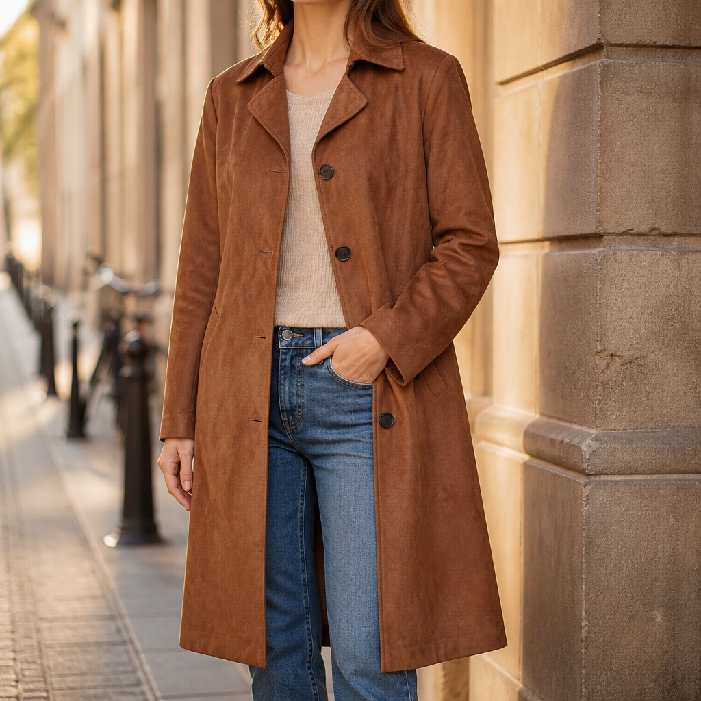 Marlowe | Suede-Look Button-Front Long Trenchcoat