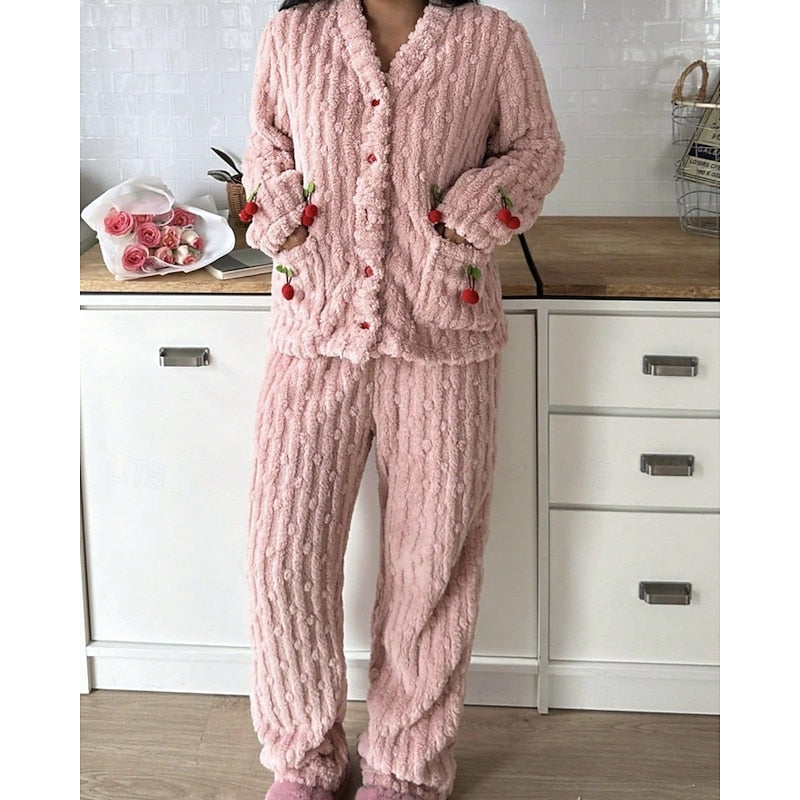 Meryl | Embroidered Fleece Button-Front Lounge Set