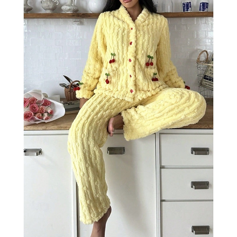 Meryl | Embroidered Fleece Button-Front Lounge Set