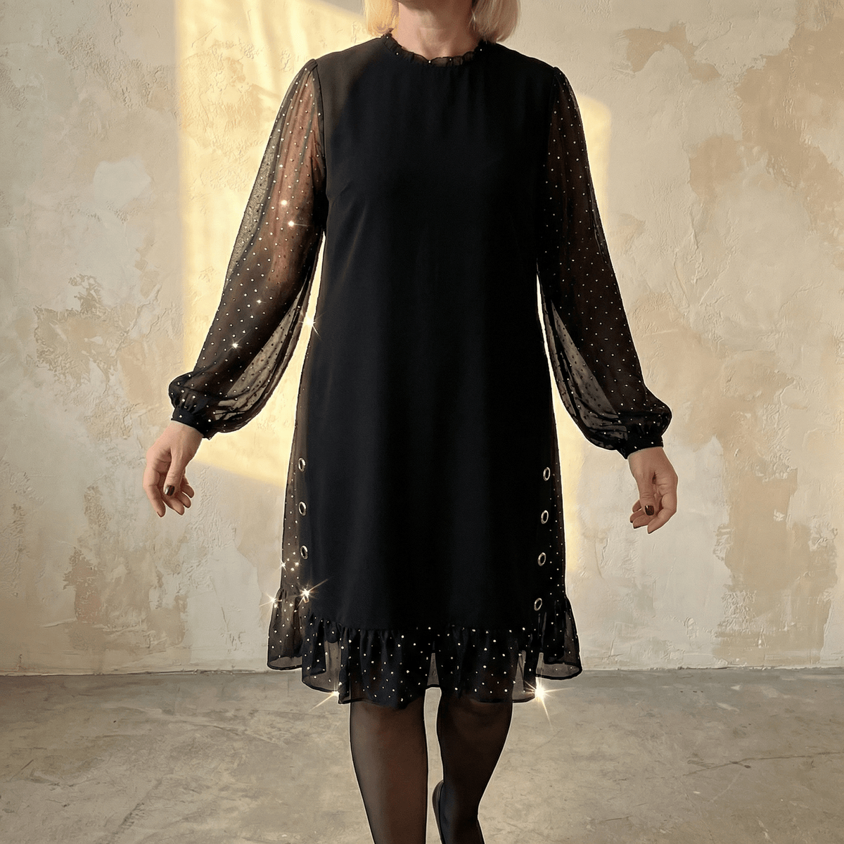 Michelle | Rhinestone Mesh Sleeve Ruffle Hem Dress