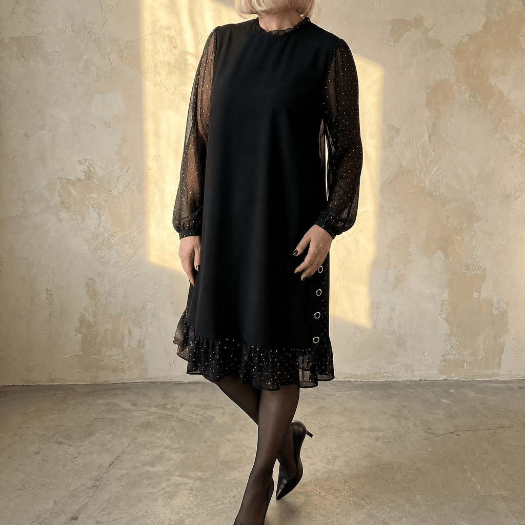 Michelle | Rhinestone Mesh Sleeve Ruffle Hem Dress