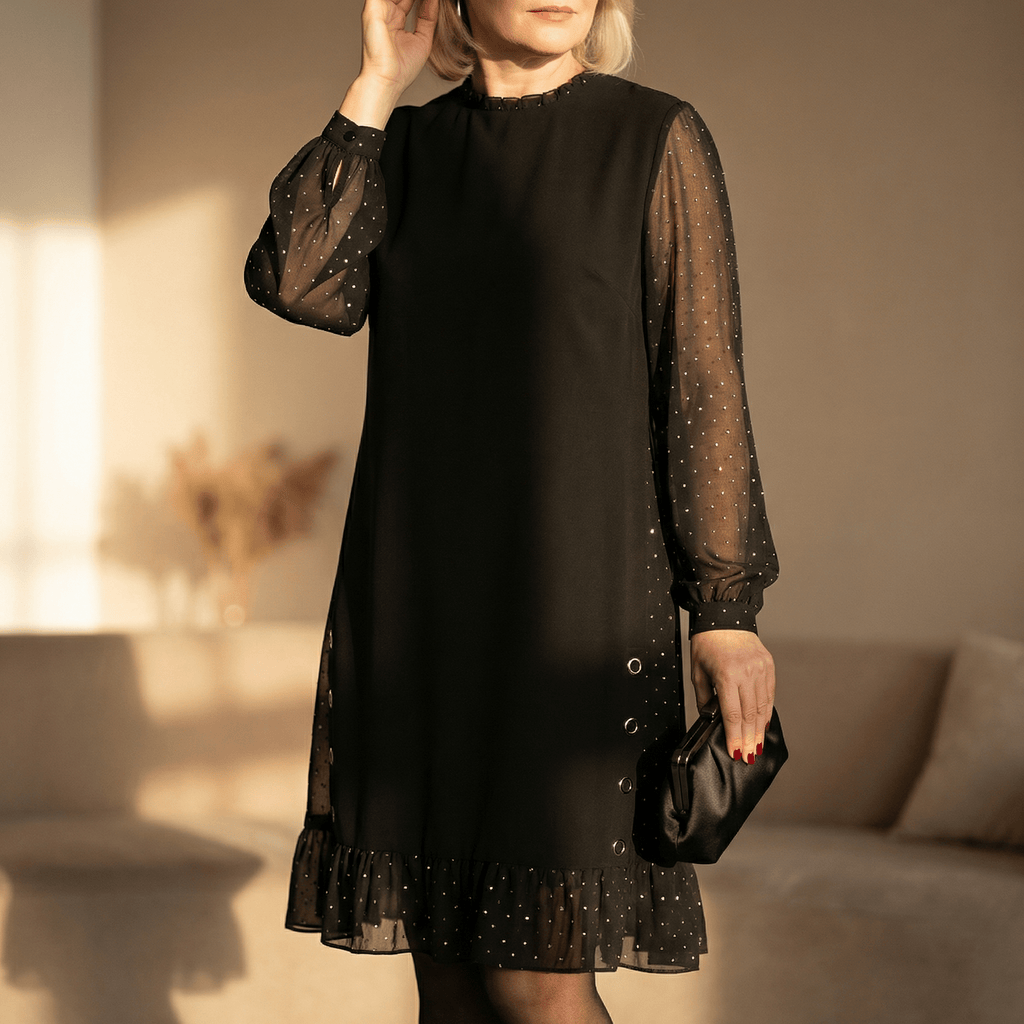 Michelle | Rhinestone Mesh Sleeve Ruffle Hem Dress