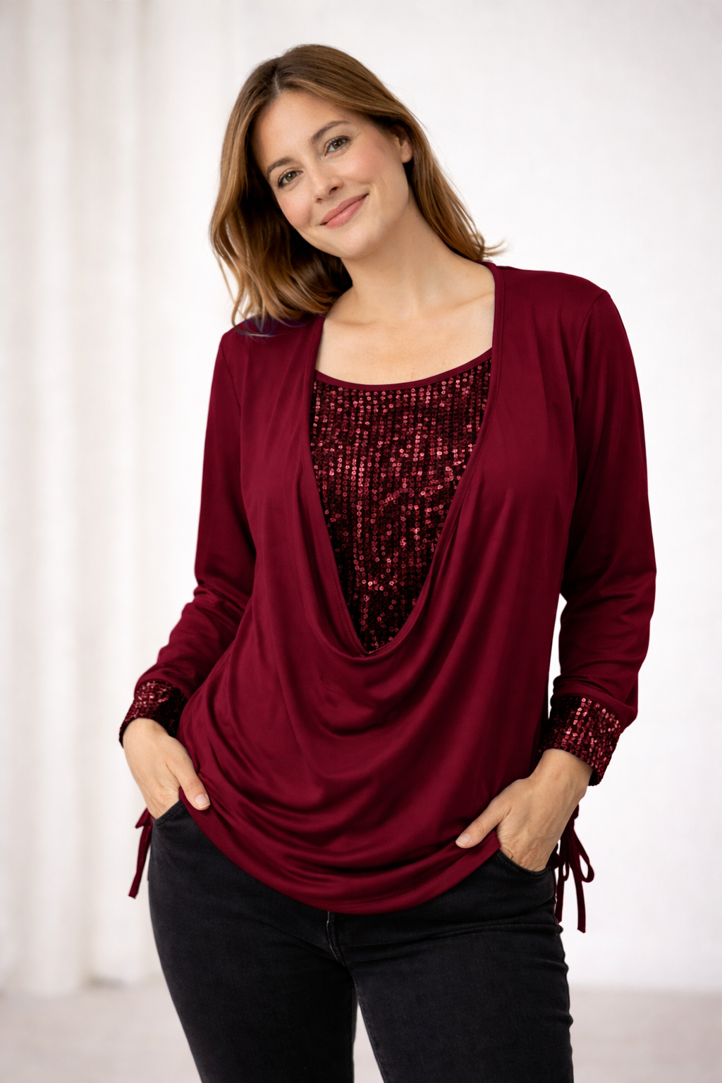 Moira | Long-Sleeve Sequin Blouse with Hem Ties