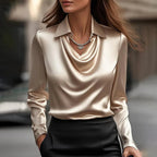 Mollie | Draped Neckline Long-Sleeve Satin Blouse
