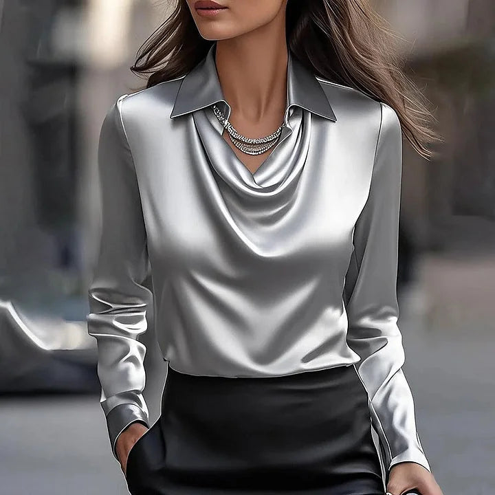 Mollie | Draped Neckline Long-Sleeve Satin Blouse