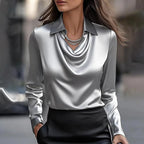 Mollie | Draped Neckline Long-Sleeve Satin Blouse