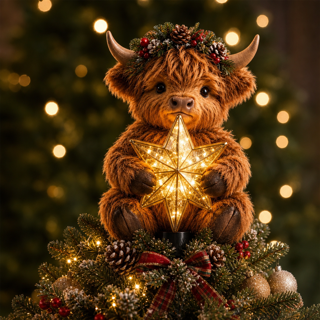 Highland Cow Tree Topper with Glowing Star