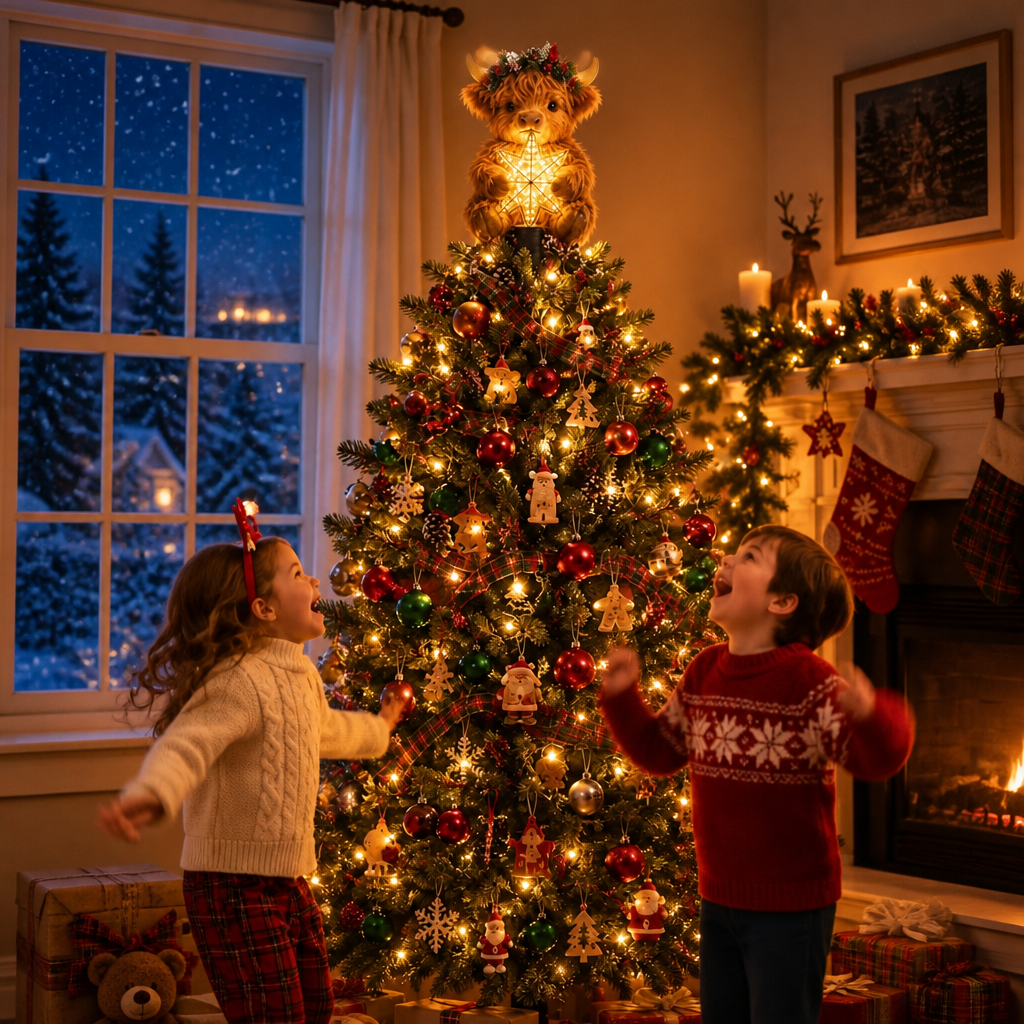 Highland Cow Tree Topper with Glowing Star