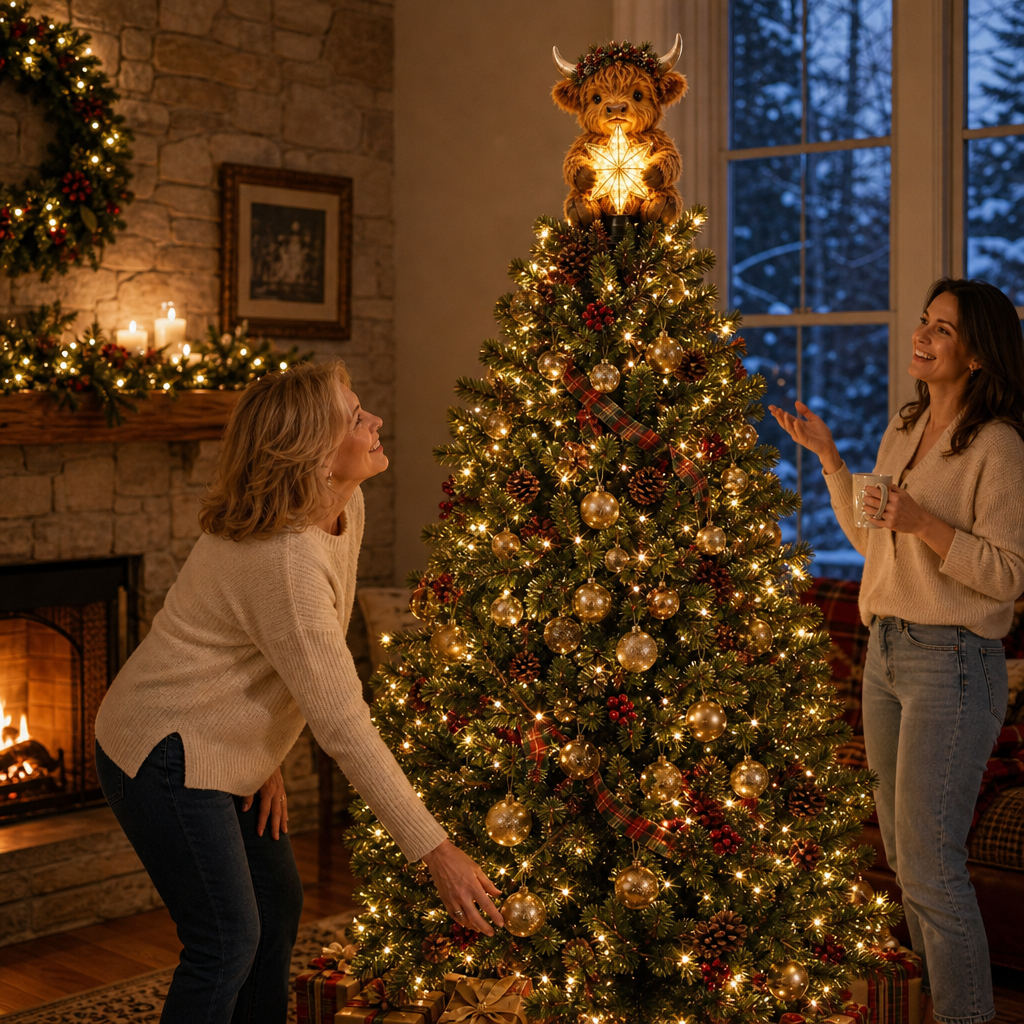 Highland Cow Tree Topper with Glowing Star