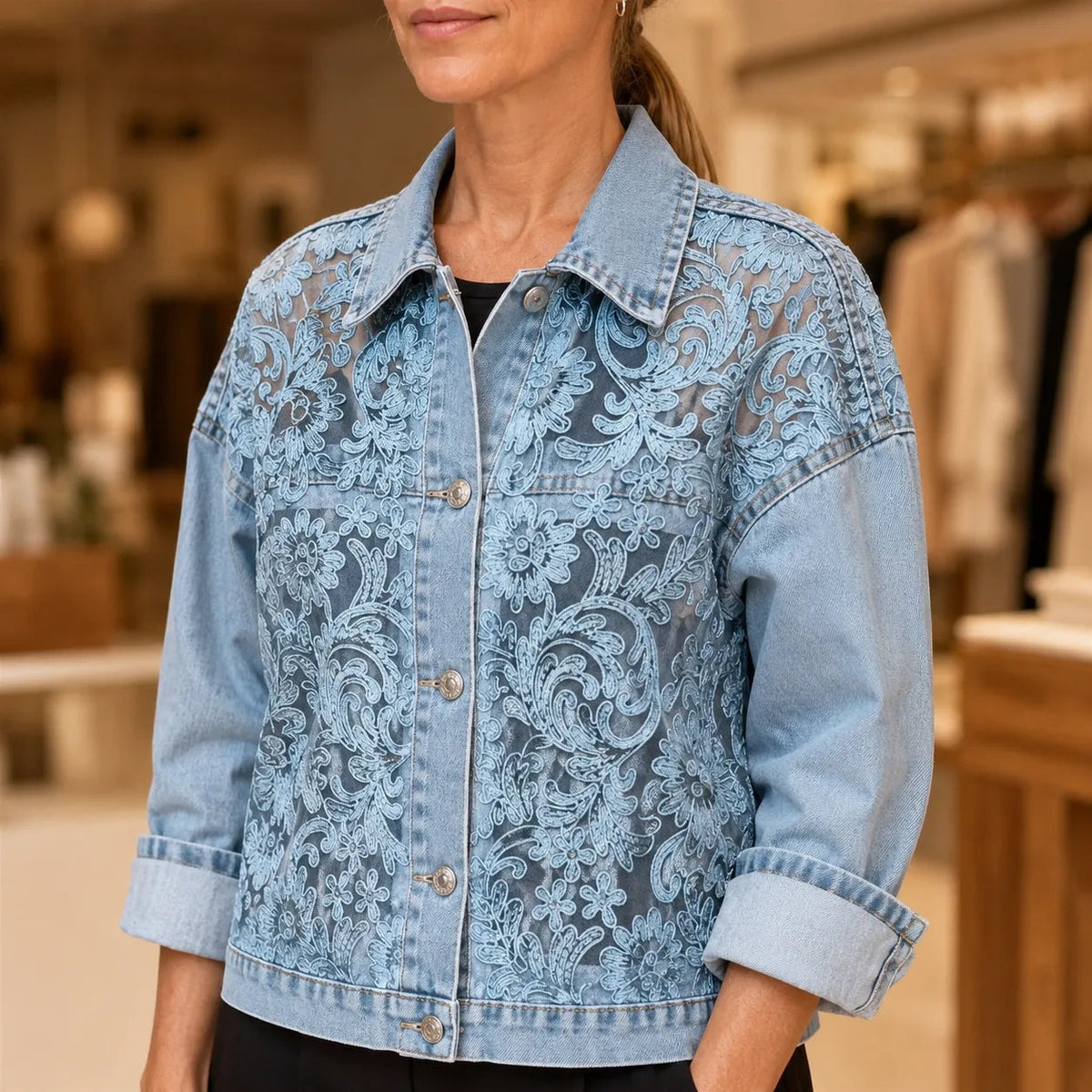 Rebekah | Floral Lace Patchwork Denim-Look Jacket