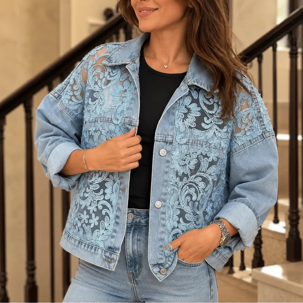Rebekah | Floral Lace Patchwork Denim-Look Jacket
