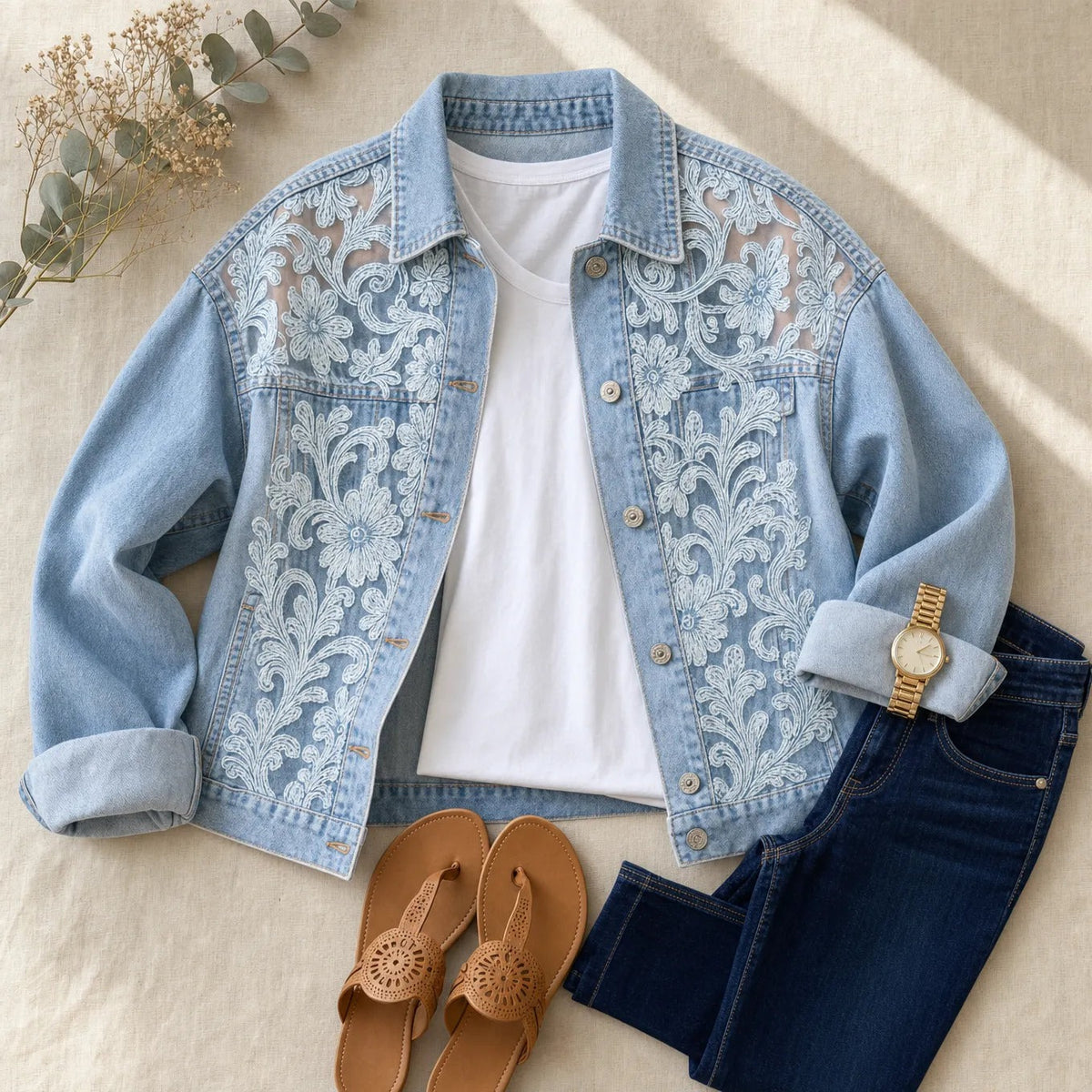 Rebekah | Floral Lace Patchwork Denim-Look Jacket