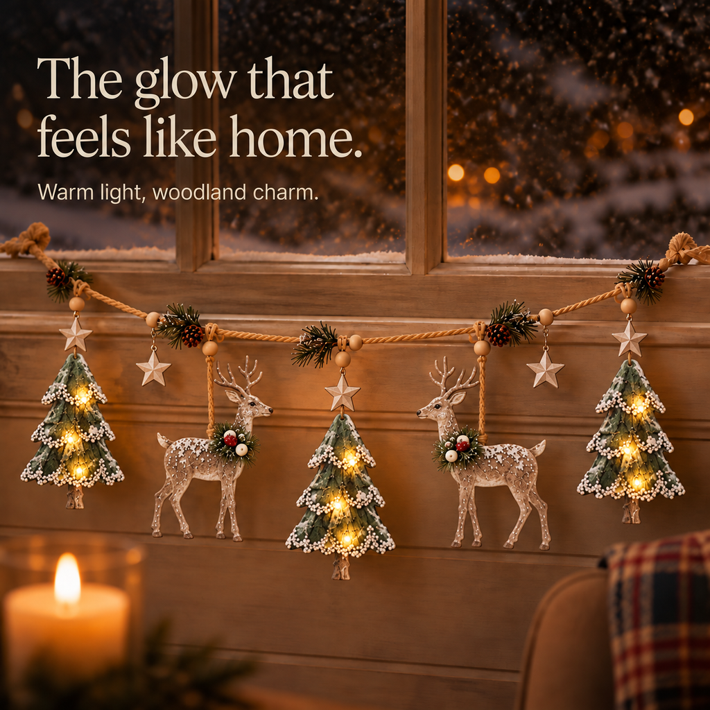 Lighted Deer and Pine Cone Christmas Garland