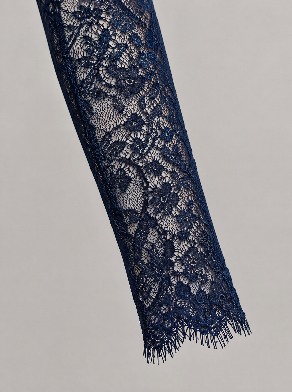 Sarah velvet midi dress – sheer lace sleeve with eyelash edge (Dark blue)