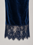 Sarah velvet midi dress – lace hem (Dark blue)
