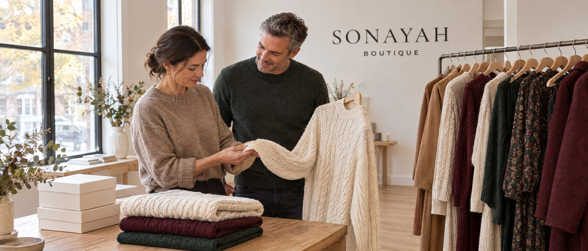 The Sonayah team checking the fabric of a cable-knit sweater in the studio