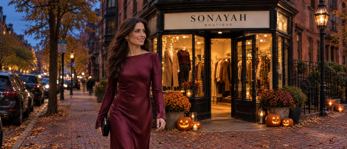 Woman in a burgundy satin maxi dress outside the Sonayah Boutique storefront on Halloween evening with glowing jack-o'-lanterns