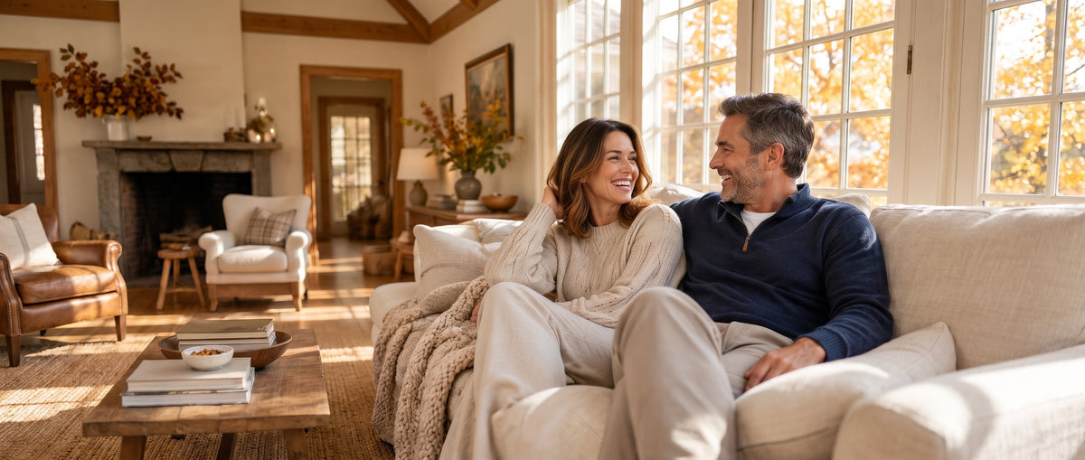A couple laughing together on a sofa in cozy fall knitwear