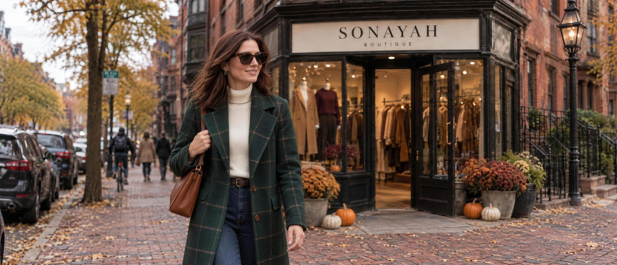 Woman in a green plaid coat walking past the Sonayah Boutique storefront on a Boston street in the fall