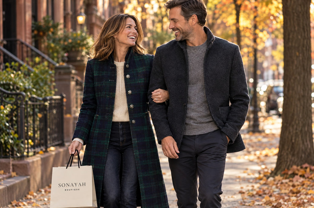 Couple in a plaid coat and a wool jacket walking on a fall street with a Sonayah Boutique shopping bag