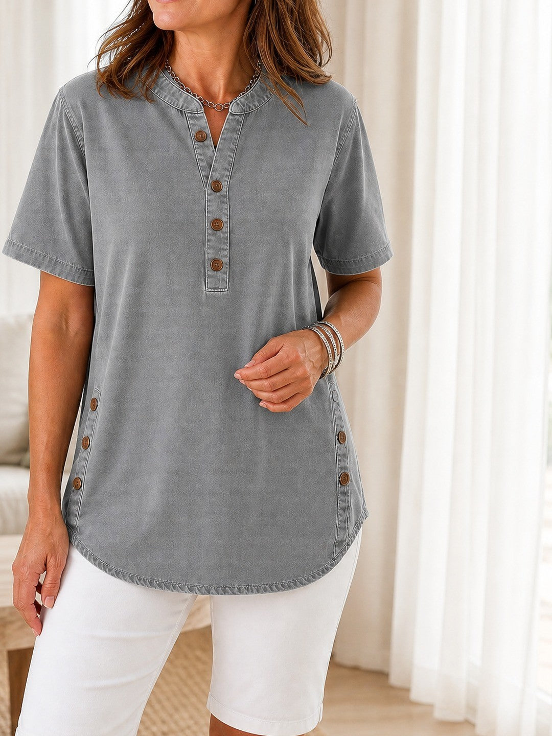 Theodora | Henley Tunic Top with Side Buttons
