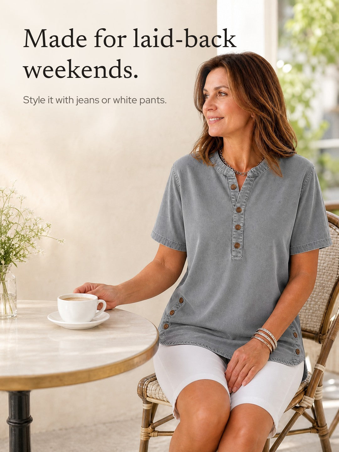 Theodora | Henley Tunic Top with Side Buttons