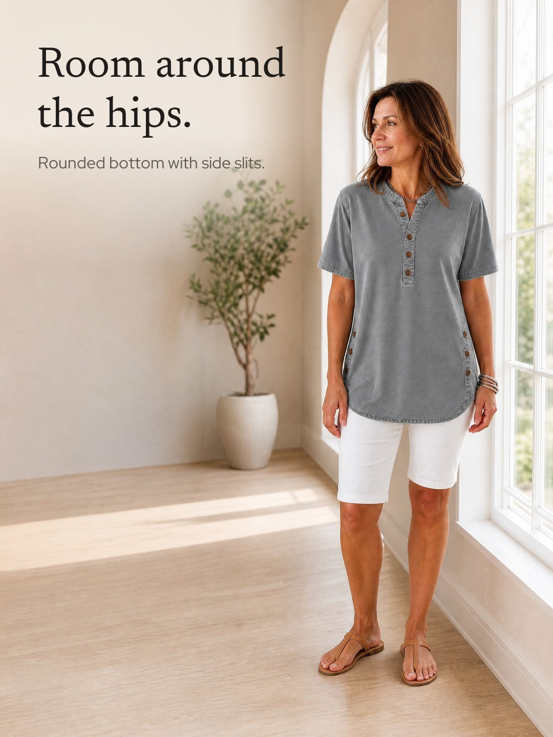Theodora | Henley Tunic Top with Side Buttons
