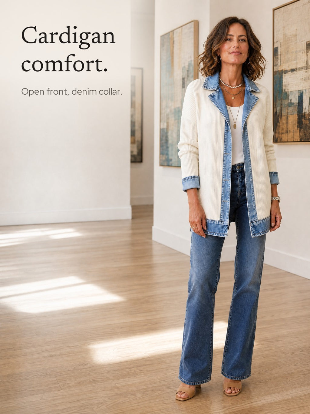 Valeria | Longline Ribbed Knit Coat with Denim Panels